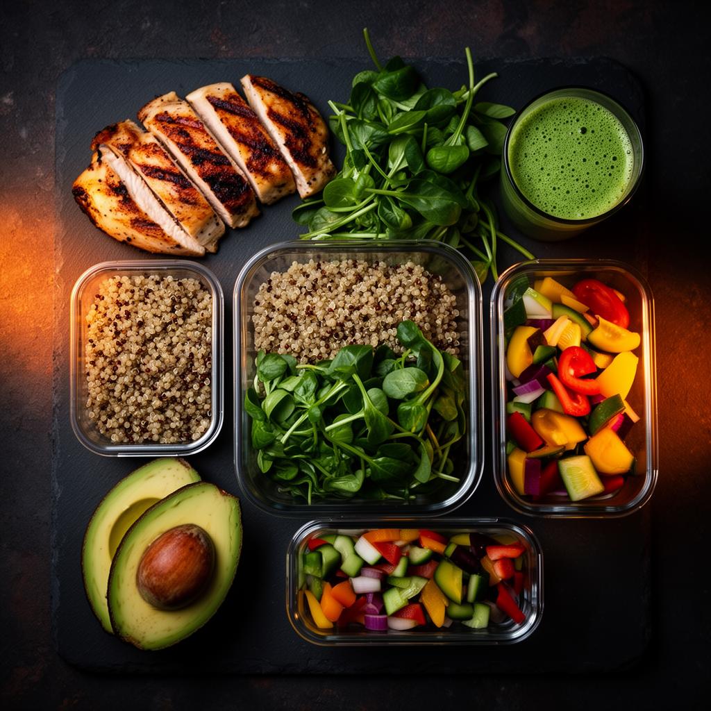 Fresh, healthy meal prep with grilled protein, vegetables and greens